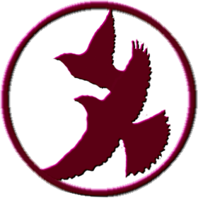 The mon of the Uesugi Clan Two sparrows flying west inside of a ring, all in crimson.